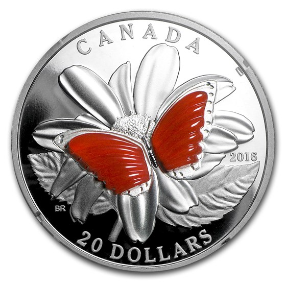 2016 Canada 1 oz Proof Silver $20 Butterfly Wings (w/Agate) 2016 Canada 1 oz Proof Silver $20 Butterfly Wings (w/Agate)